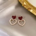 Elegant French vintage earrings featuring red enamel heart and pearl heart dangle design - Heart Pearl Style (E2532)