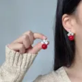 Elegant red bead stud earrings featuring a sparkling crystal bow lucky bag design - Vintage Red Bead Rhinestone Style (E0384) / Gold+Red
