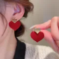 Elegant red velvet heart drop earrings for autumn and winter festive look - Flocked Heart Layered Style (E3805) / Red