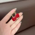 Elegant French style Ankara red square enamel drop earrings with gold finish hardware. - Square Enamel Hoops (E2533)