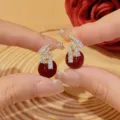 Elegant Ankora red round bead earrings with sparkling crystal fringe details - Rhinestone Waterdrop Petal Tassel Style (E3813) / Gold Red