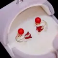 Elegant French vintage red pearl earrings with a tulip floral design in a velvet box - Tulip Red Pearl Style (E2571)