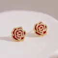 Elegant red rose stud earrings in French style with gold plating and sparkling crystals - Rose Stud Earrings (E2572)