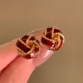 Elegant vintage knot stud earrings in deep red enamel with refined gold-toned finish detail - Enamel Knot Bud Stud Style (E3853) / Gold Red