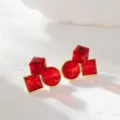 Elegant geometric red crystal stud earrings with gold plating in a festive Ankara red style. - Geometric Crystal Combination Style (E3855) / E3855 Gold Red