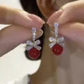 Elegant bow-knot earrings with sparkling crystals and red pearl drop in Ankara red - Bowknot Rhinestone Red Bead Style (E3874) / E3874 Gold Red