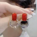 Elegant French style Ancora red rectangular earrings with sparkling crystal circles - Retro Red Rectangular Gem Hoop Earrings (E2589)