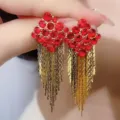 Elegant red rhinestone tassel earrings with gold-tone finish for festive celebrations - Rhinestone Long Tassel Style (E3555)