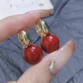French vintage Anchorage Red spherical drop earrings with gold-toned hoop clasps - High Gloss Spherical Ear Clip Style (E2154)