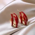 Ankara red triple-layered French retro enamel hoop earrings with gold-toned finish - Multi-layer C-shape Ring Style (E0094) / Enamel Red