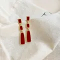 Vintage French style Ankora red triple geometric rectangle dangle earrings in gold finish - Three-section Rectangular Style (E0097) / Gold and Burgundy