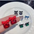 French style retro red bow stud earrings with faceted crystal pendant for women - Bowknot Rectangular Pendant Style (E0694)