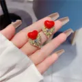 French retro Ankara red heart-shaped stud earrings with gold-tone base for women - Vintage Red Heart Style (E0949)
