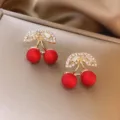 Elegant French vintage Ankora red cherry stud earrings with sparkling crystal leaves - Matte Cherry Style (E1156)