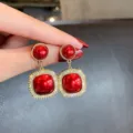 Elegant Ankara red square drop earrings with vintage gold-toned halo of micro-crystals - Geometric Square Red Style (E1289)