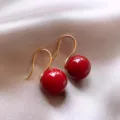 Elegant French vintage red bead earrings with gold-toned hooks on silk background - Artificial Pearl Hook Earrings Style (E1332)