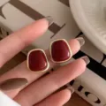 French retro Ankora red stud earrings with elegant gold-toned geometric border - Irregular Square Enamel Stud Earrings (E1448)