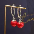 Elegant French vintage gold hoop earrings with vibrant red pearl pendants SKU - Rhinestone Ring Drop Bead Style (E1734)