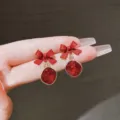 Elegant French vintage style Ankora red bow earrings with faceted crystal gemstone drops - Bowknot Gemstone Pendant Style (E2044)