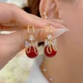 Exquisite French vintage gold bow hoop earrings with a deep Ankara red bead drop - Bowknot Bead Stud Earrings Style (E2166)