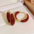 Retro French style hoop earrings with Anchorage red enamel inlay in gold finish - Rounded Enamel Leverback Style (E2752)