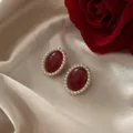 French vintage style burgundy oval stud earrings with elegant pearl border on silk - Pearl Border Oval Style (E2887)