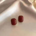 French retro style Ancora red stud earrings with elegant gold twisted rope border - Twisted Edge Rectangle Style (E3135)