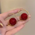 Elegant French vintage Ancora red round bead earrings with gold semi-circle hoop design - Semi-Circle Frame Round Bead Studs (E3192)