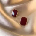 Elegant vintage Ankara red rectangular enamel stud earrings with gold border design - Enamel Rectangular Stud Earrings (E3575)