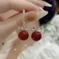 Elegant French vintage Ankara red bow dangle earrings with gold hoop and crystals - Bowknot Ring Drop Earrings (E3602)