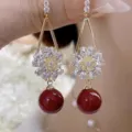 Elegant French retro drop earrings featuring crystal flowers and large deep red round beads - Petal Round Bead Earrings (E3683)