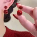 Elegant vintage Ankola red double ball stud earrings with minimalist French chic design. - French Double Pearl Style (E3796)