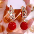 Elegant French retro red ball drop earrings with sparkling rhinestones in gold finish. - Inverted U-shape Rhinestone Sphere Style (E3820)