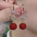 Elegant French vintage red pearl drop earrings with sparkling rhinestones for women - Hollow Ball Long Tassel Style (E3822)