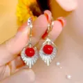 Exquisite French vintage gold leaf earrings featuring pavé stones and a vibrant red bead - Hollow Leaf Style (E4104)