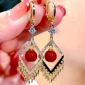Elegant French vintage gold-plated earrings with red bead and crystal tassels. - Rhombus Frame Tassel Style (E4131)
