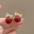 French vintage style gold bow stud earrings with glossy anchorage red spherical beads - Bowknot Red Bead Style (E4250)