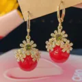 Elegant French vintage gold daisy flower earrings with large red sphere pendant detail - Triple Flower Bead Drop Style (E4513)