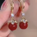 French vintage style red bead drop earrings with gold floral crystal accents for women - Gold Flower Leaf Rhinestone Red Bead Style (E4561)