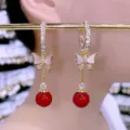 Elegant French vintage gold butterfly hoop earrings featuring vibrant red bead drops - Rhinestone Butterfly Red Round Bead Tassel Style (E4576)