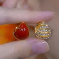 French vintage gold teardrop stud earrings with Ankora red stone and sparkling rhinestones - Asymmetric Teardrop Red Gem Style (E4582)