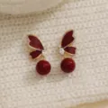 Vintage Ancora red butterfly tassel earrings with elegant enamel finish and pearl drop - Red Enamel Butterfly Teardrop Rhinestone Style (E4584)