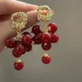 French style vintage Ancora red bead cluster dangle earrings with gold-tone textured studs - Hammered Gold Ring Red Bead Tassel Style (E4644)