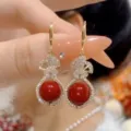 French vintage Ankara red drop earrings with gold-tone crystal bow detail for women - Bowknot Red Round Bead Style (E4971)