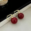 French retro elegant Ankara red round pearl hoop earrings with gold-plated clasp - Vintage Double Bead Leverback Style (E5072)