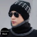 Black grid pattern beanie and neck warmer set for men with fleece lining - Single Hat / Grid Pattern Black