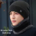 Men's winter thickened fleece-lined beanie and neck warmer set in dark grey color - Single Hat / M-Letter Dark Grey