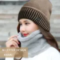 Set berretto in maglia kaki con toppa M e scaldacollo foderato in pile grigio per l'inverno - Solo sciarpa / Stile Lettera M - Cachi