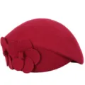 Elegante boina de lana rojo vino para mujer con decoración floral para otoño e invierno - Talla única / Estilo Flor Doble Rojo Vino / Burdeos