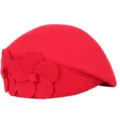 Elegante boina de lana roja con detalle floral lateral para mujer estilo azafata - Talla única / Estilo Flor Doble Rojo / Rojo
